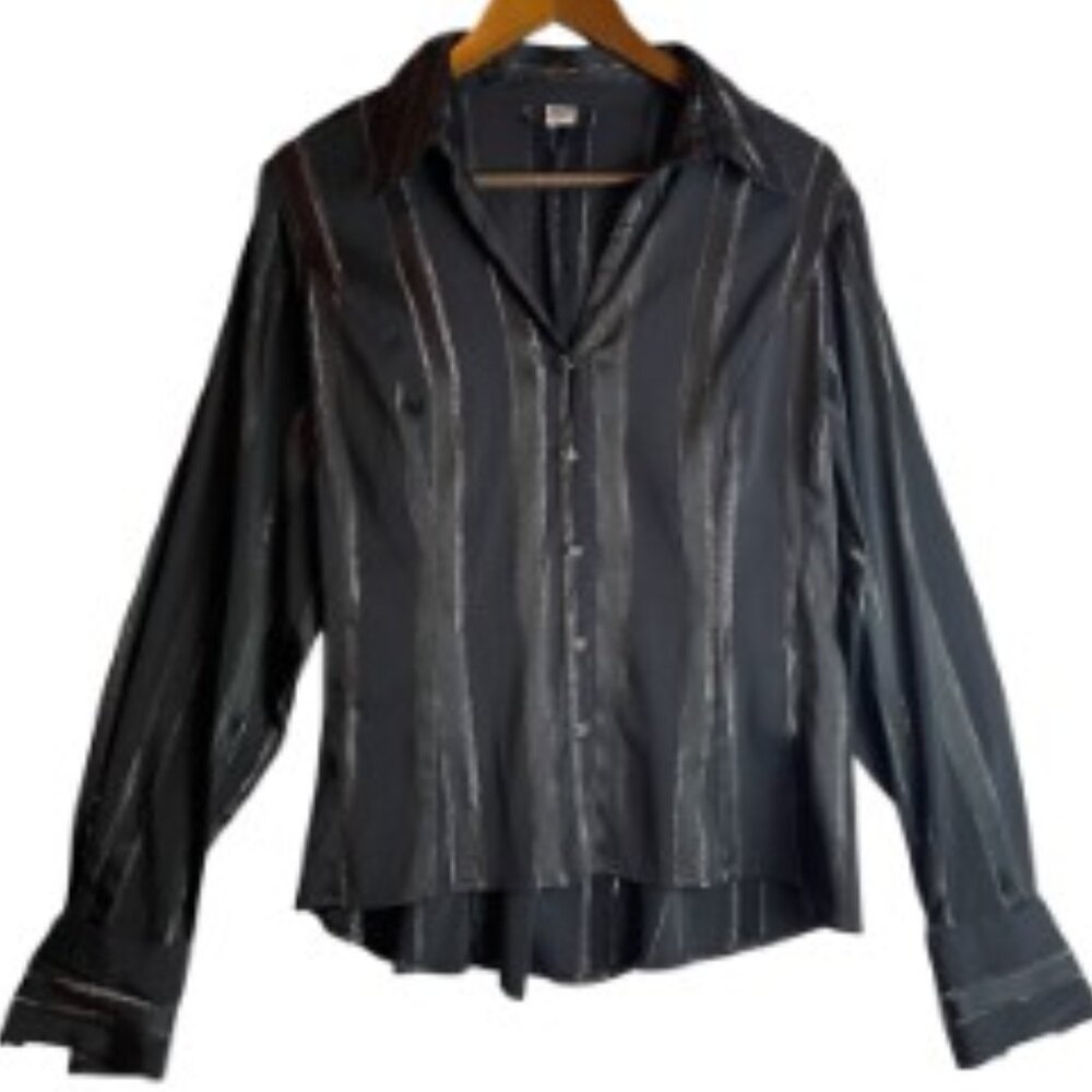 STUDIO 1940 BUTTON-DOWN BLOUSE LONG SLEEVE BLACK W/METALLIC STRIPES